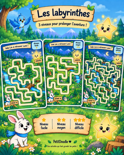 Labyrinthes à imprimer pour enfants de 3 à 6 ans avec les personnages de Léo et la petite étoile perdue