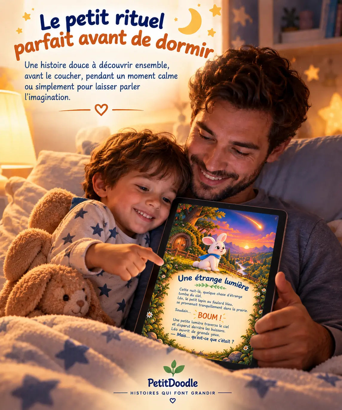 Parent et enfant partageant une histoire pour enfants sur tablette