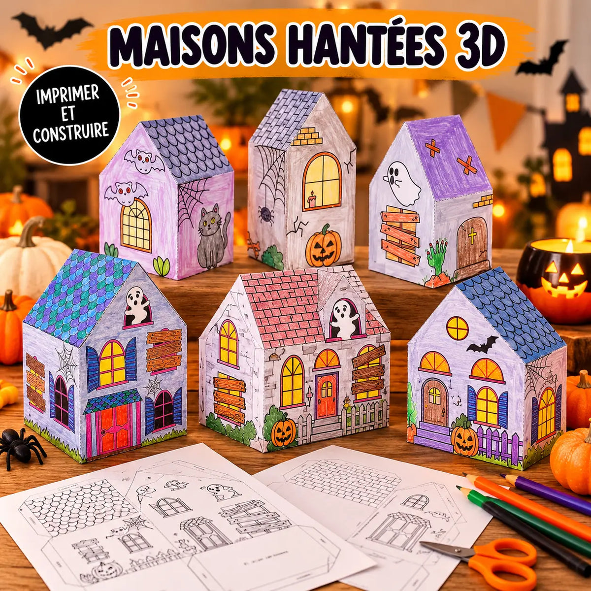 Créez une décoration d'Halloween originale avec ce village hanté 3D à imprimer. Une activité manuelle créative pour enfants de 6 à 10 ans.