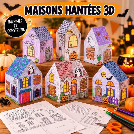 Créez une décoration d'Halloween originale avec ce village hanté 3D à imprimer. Une activité manuelle créative pour enfants de 6 à 10 ans.