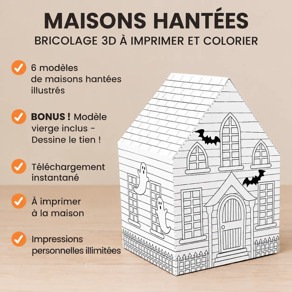Activité enfant à imprimer pour construire un village hanté de Halloween