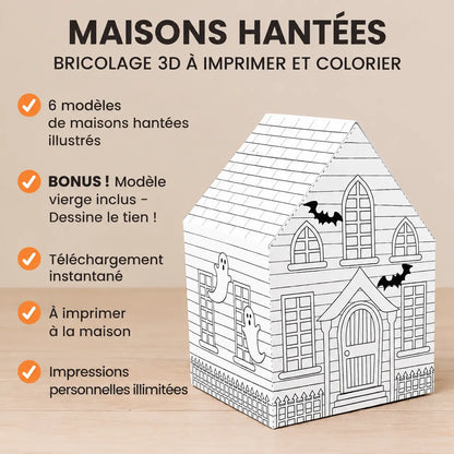 Activité enfant à imprimer pour construire un village hanté de Halloween