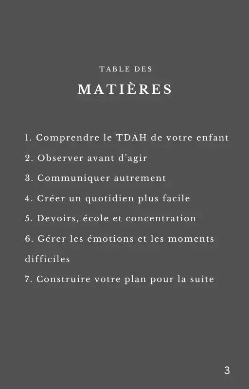 Table des matières du guide TDAH chez l’enfant pour les parents
