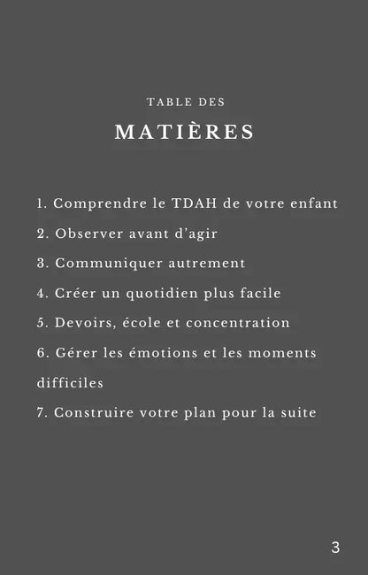Table des matières du guide TDAH chez l’enfant pour les parents